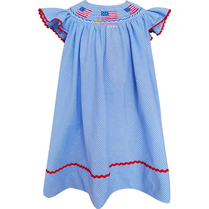 Angeline Kids – Großhandel Kleid – Kinder – Gesmoktes Kleid für Mädchen, patriotische Flagge der USA, 4. Juli0
