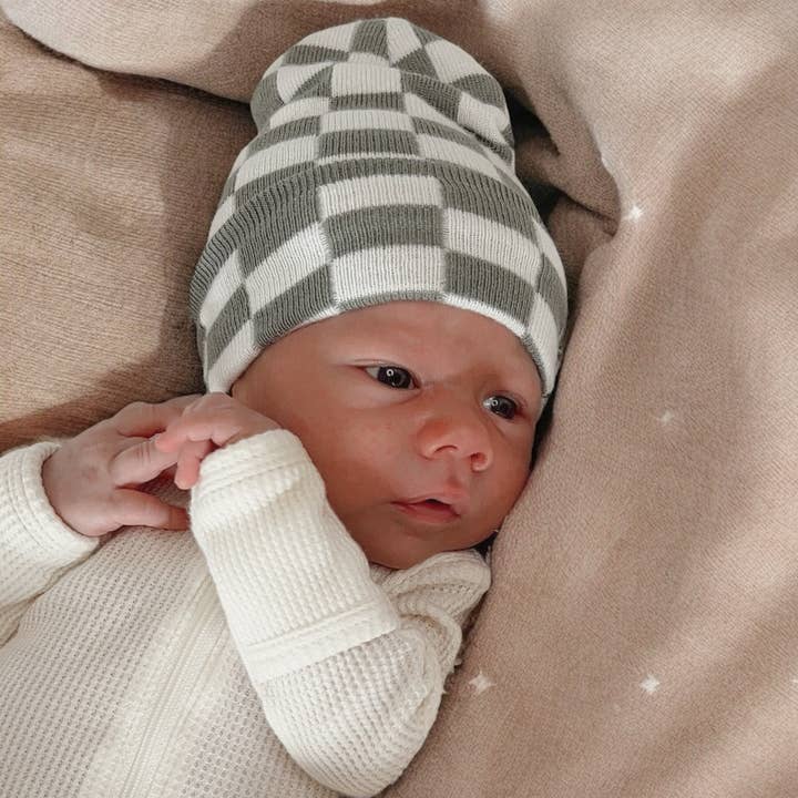 SpearmintLOVE - Wholesale Newborn/Knit Hat - Baby - Baby's First Hat®, Fern/Warm White Checkerboard0