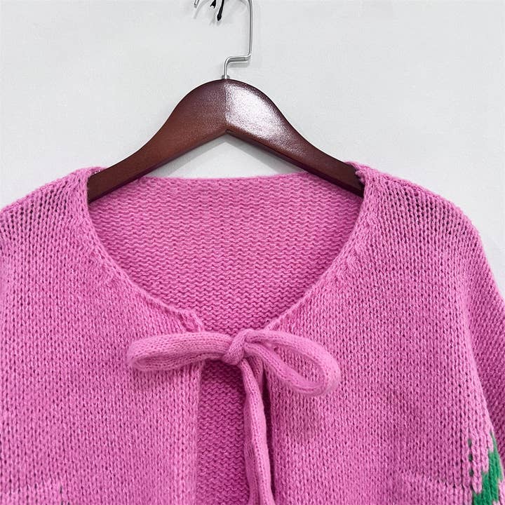 Little Trendy - Wholesale Cardigan - Women's - Bow tie Cherry jacquard knitted cardigan coat