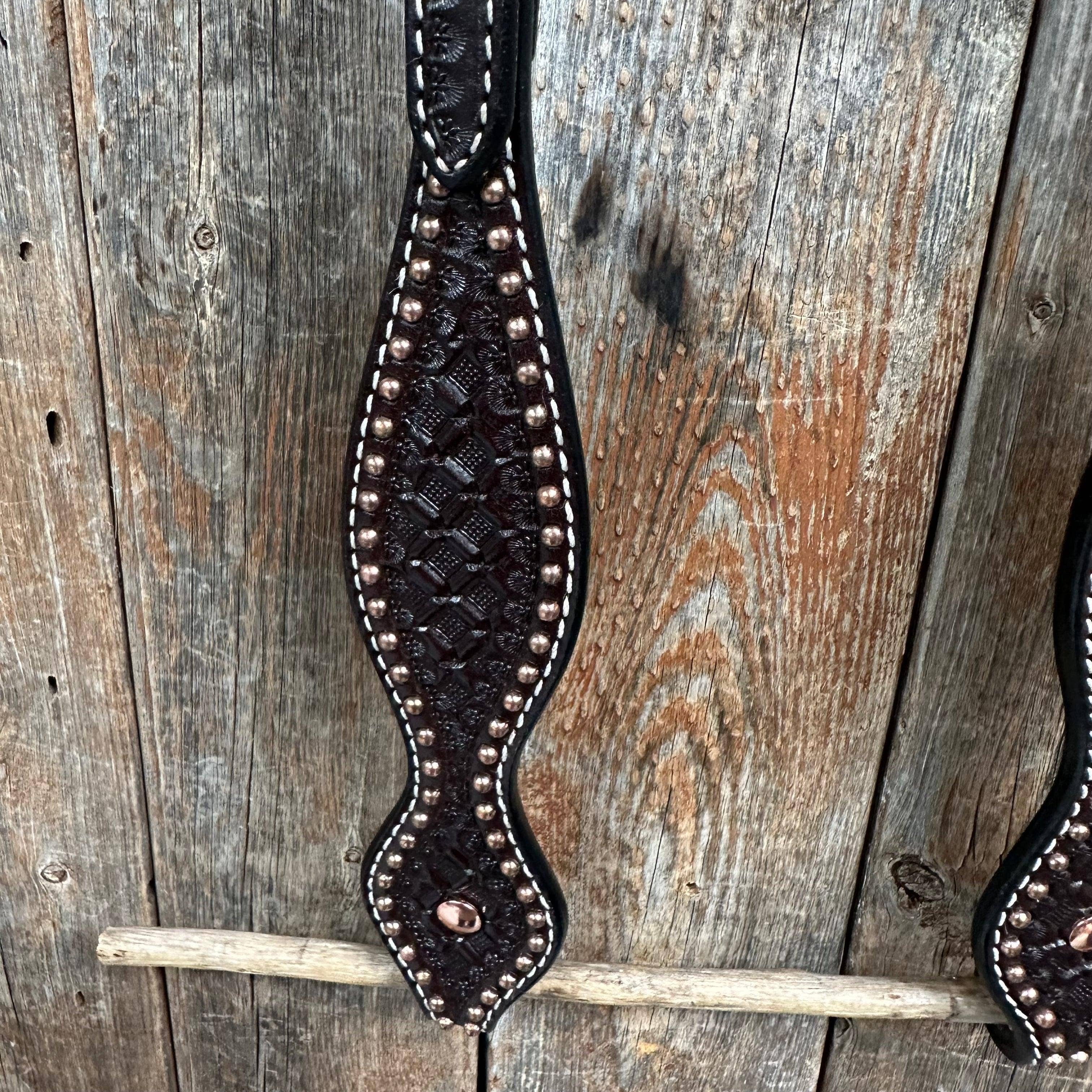 Rodeo Drive - Wholesale Horseback Riding Gear - Dark Oil Honeycomb Tooled with Copper Dots One Ear Headstall / Bridle2