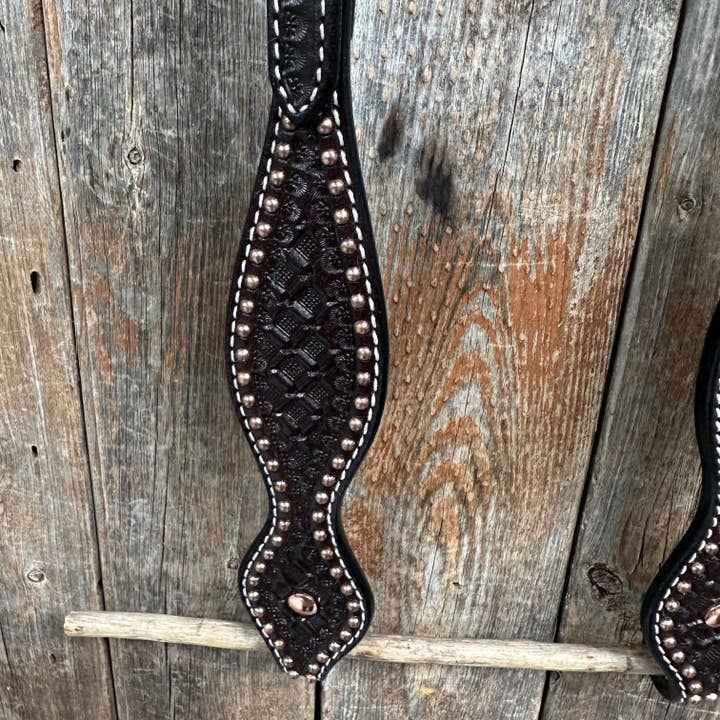 Rodeo Drive - Wholesale Horseback Riding Gear - Dark Oil Honeycomb Tooled with Copper Dots One Ear Headstall / Bridle2