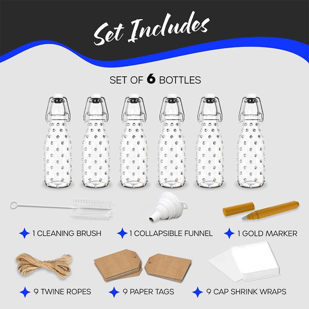Nevlers - Wholesale Jar - Nevlers 8.5 oz Dotted Swing Top Bottles (Pack of 6) | Includes Funnel, Brush, Tags and Shrink Wrap8