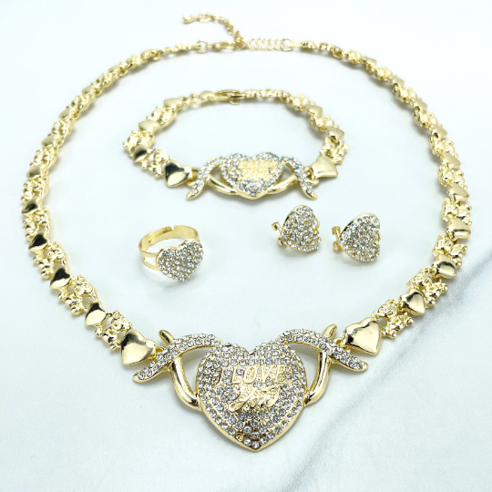 Luxus Accessories – wholesale Jewellery set – 18k Gold Filled "I Love You" CZ Heart Charms, XoXo and Teddy Bear Linked Chain Set2