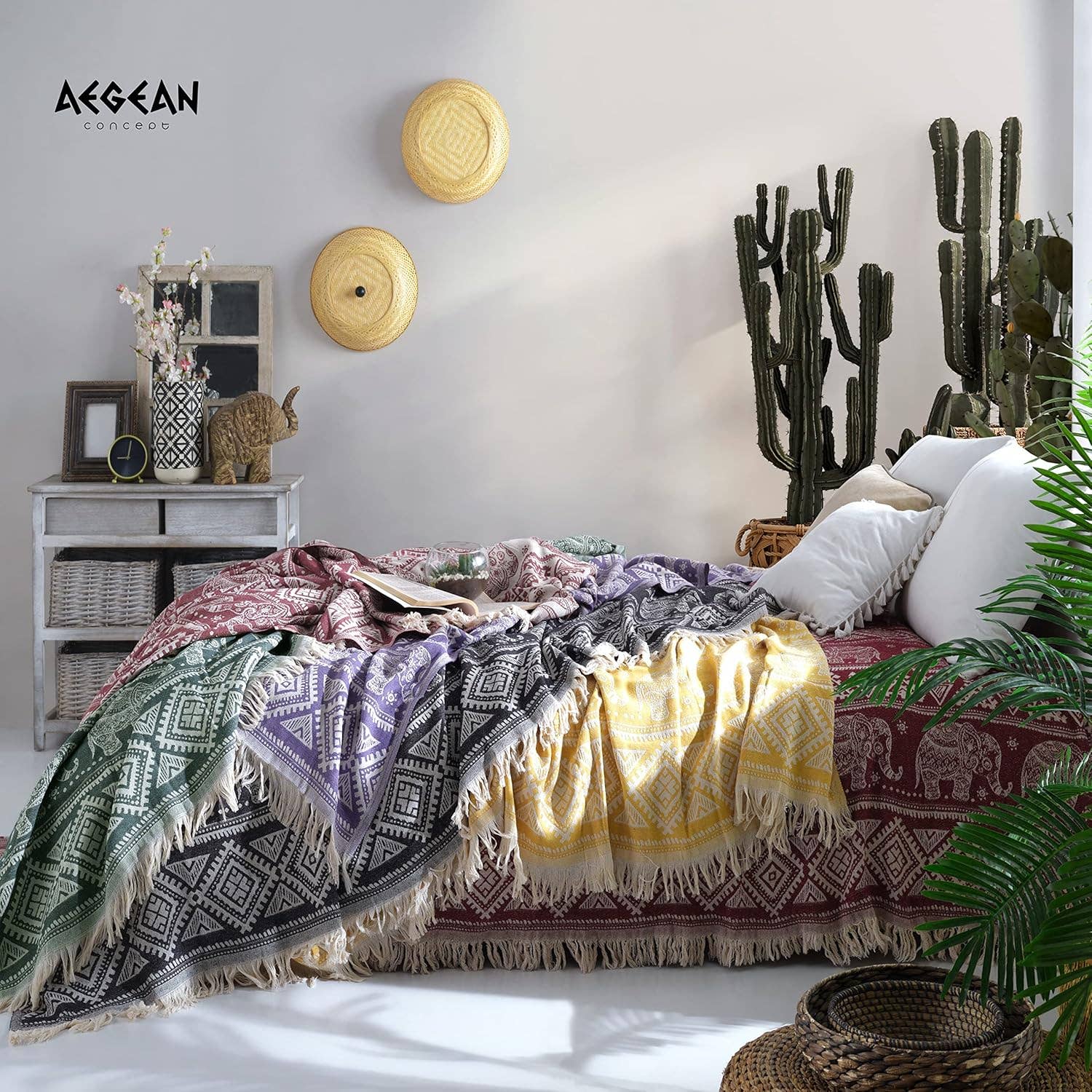 westmarkusa corp - Wholesale Throw Blanket - 100% Organic Cotton Turkish Throw Blanket; 90" x 77" Twin Size Vintage Boho Elephant Bedspread Muslin Light Blankets for Bed or Couch | Indoor or Outdoor Cozy Hand Woven3