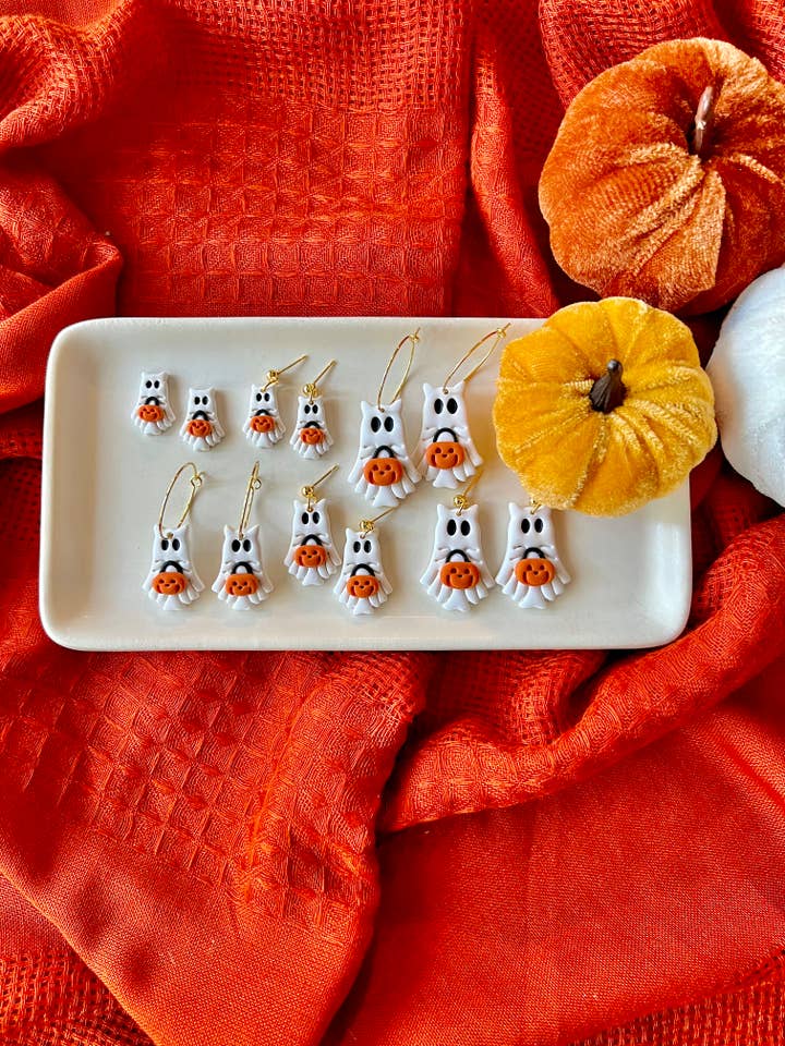 Ghost Cat Clay Earrings, Trick or Treat Earrings, Ghost Stud for wholesale by SeizeTheClayJewelry