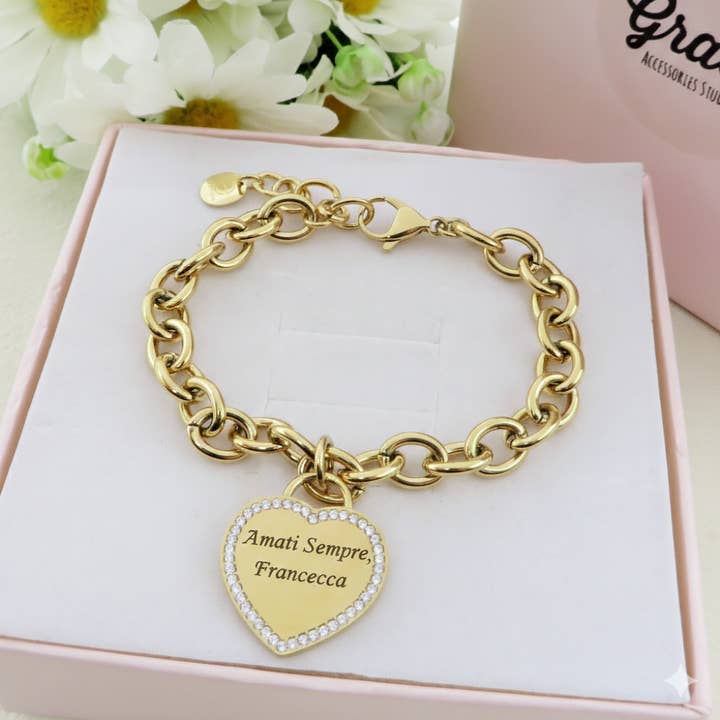 BRACCIALE CUORE CRYSTAL BIG - PERSONALISEER MIJ ~ Armband van roestvrij staal + PERSOONLIJKE GRAVURE voor wholesale door Daemon srls