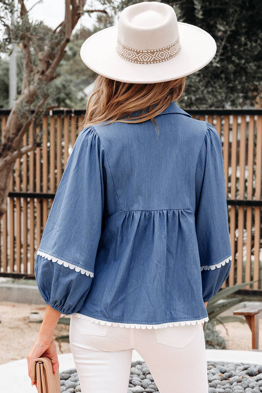 Dusk Blue Lace Ric Rac 3/4 Puff Sleeve Collared Babydoll Blouse for wholesale on Faire1