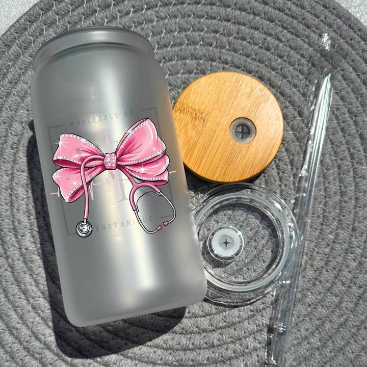 16 oz glass can with bamboo lid and straw-Stethoscope bow (UV194) for wholesale by Wholesale By Kendranique