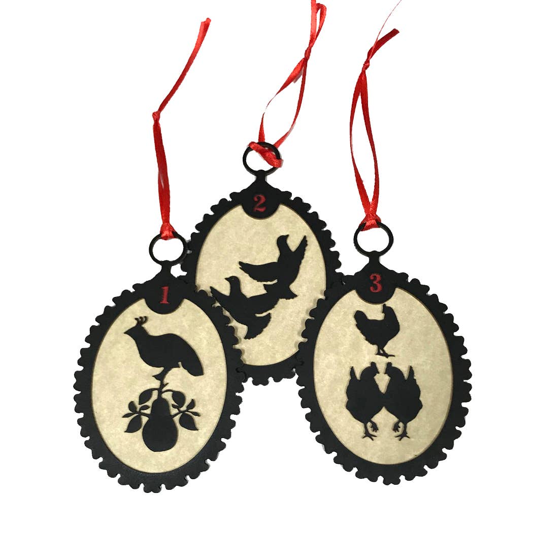 Madison Bay Co. - Historical Home Decor Reproductions - Wholesale Ornament Set - 12 Days of Christmas Silhouette Ornaments, Red Ribbon1