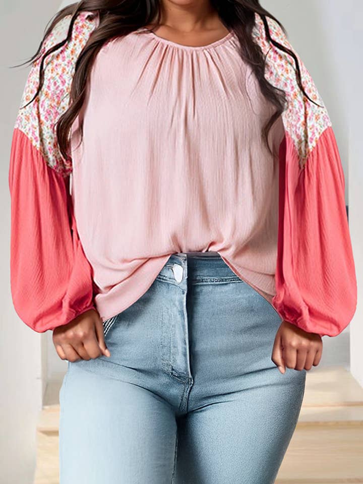 Plus Size Contrast Floral Patchwork Long Sleeve Blouse for wholesale by 66DISCO