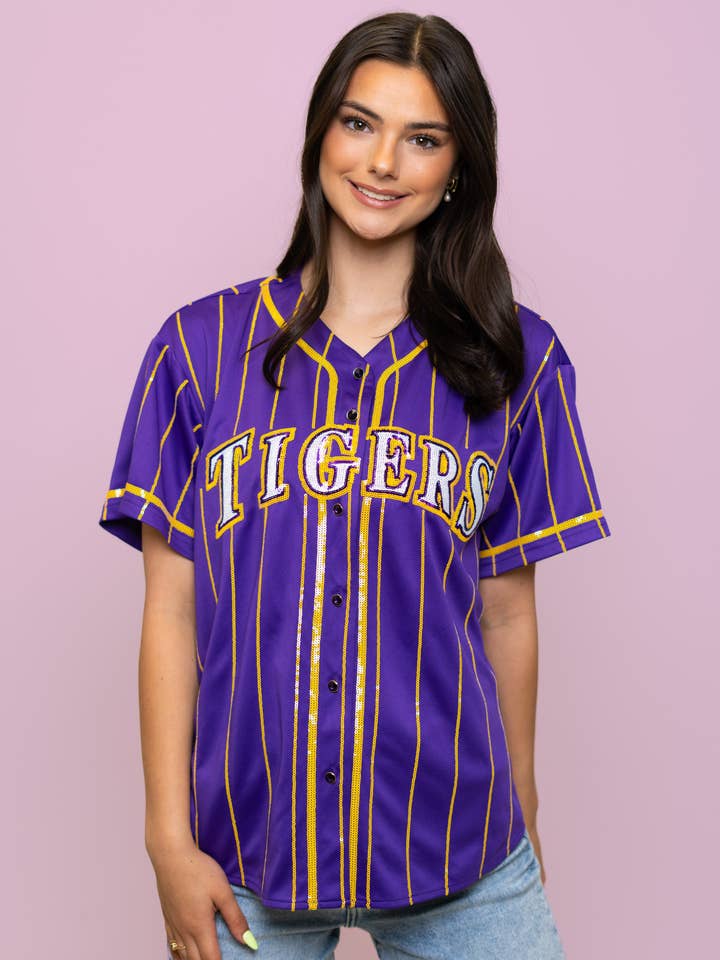 **PRE-ORDER ONLY** Wholesale | LSU Tigers Pinstripe (Licensed) | Women's Sequin Embroidery Baseball Jersey (Purple) for wholesale by BOMB DESIGNS