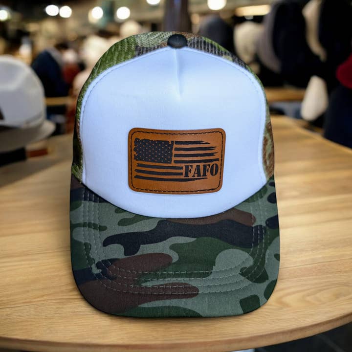 FAFO USA Flag Leather Patch Trucker Hat (Polyester Foam) for wholesale by 2A Solutions