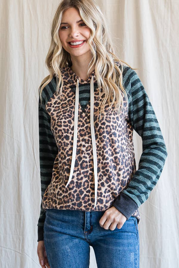 7th Ray – Großhandel Hoodie – Damen – Leopardenstreifen Ärmel Kordelzug Kapuzenpullover T44363