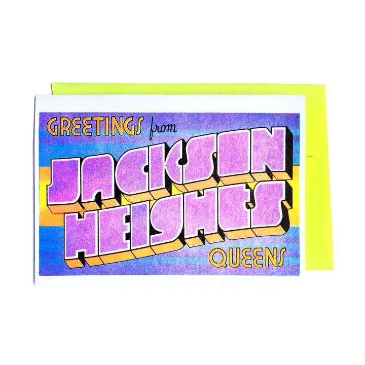 Greetings from: Jackson Heights - Risograph Card and Print for wholesale by Next Chapter Studio
