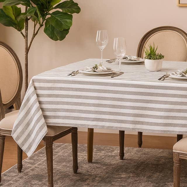 Beige & White Stripe Cotton 56" Square Tablecloth for wholesale by Fennco Styles