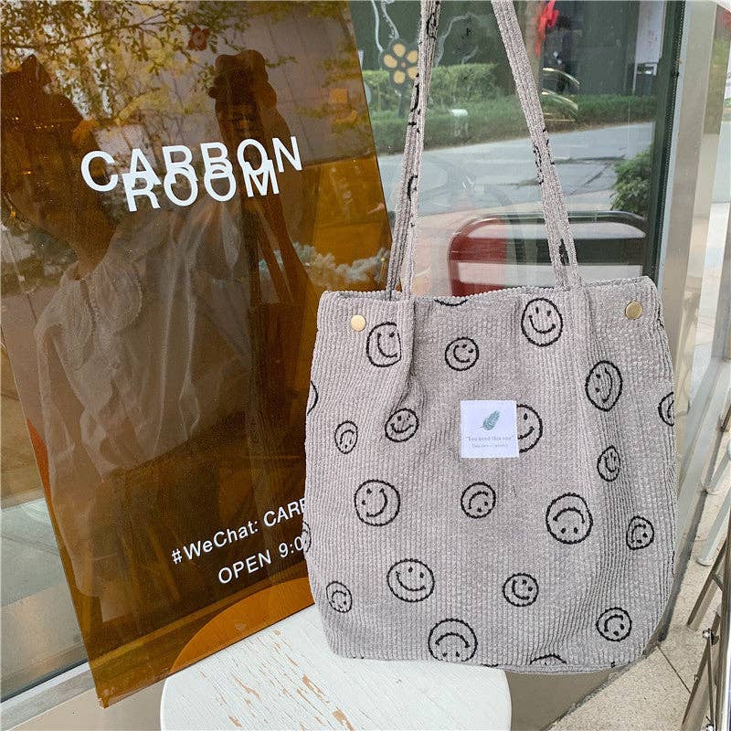 Funkyrel® Atzbranding Limited - Wholesale Tote Bag - Women's - Vintage Corduroy Smiley Face Shoulder Tote Bag2