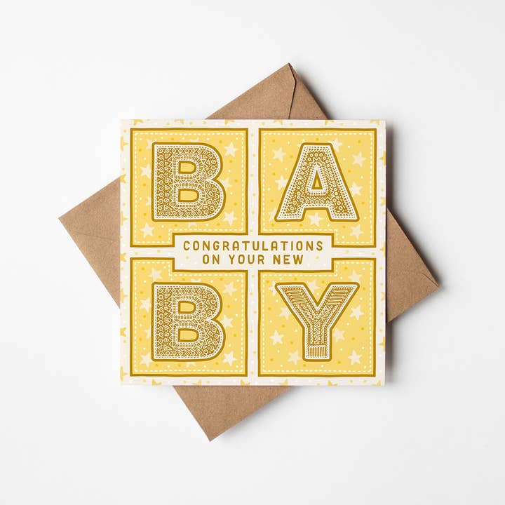 Jess A Little Creative - Wholesale Baby Card - Yellow Gender Neutral Typographic New Baby Card