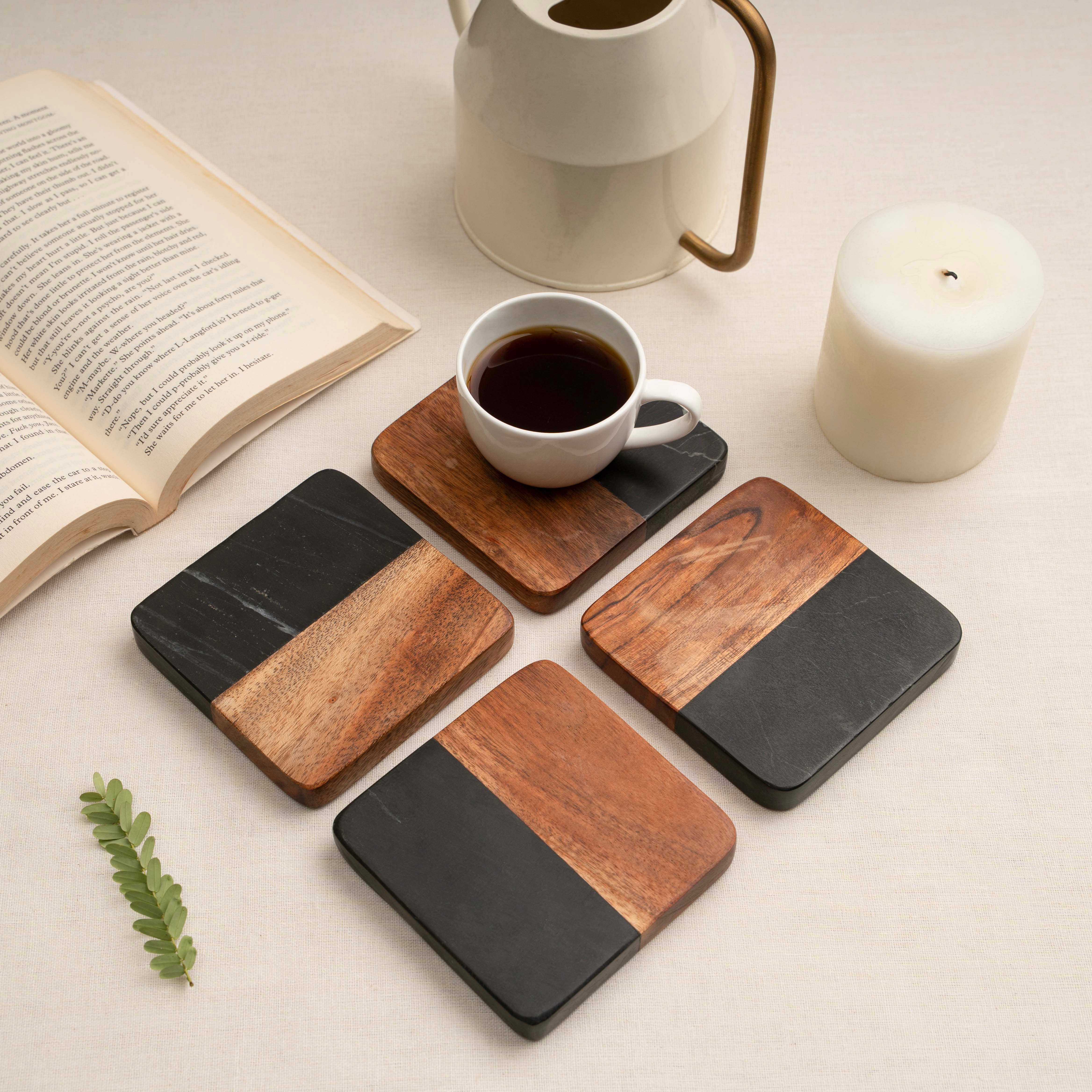 LuxeDesigns Co LLC - Wholesale Coasters - Artisan Marble and Wood Square Coaster Set of 4 - Black12