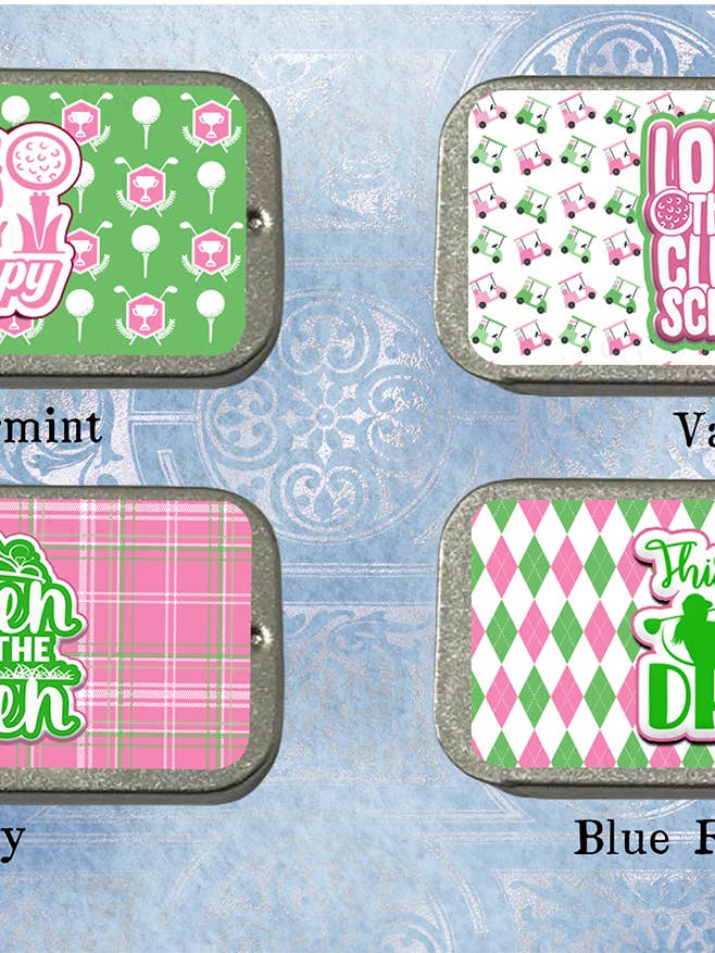 Display met lipbalsemblikjes, golf-thema, roze en groen voor wholesale door Sassy Talkin