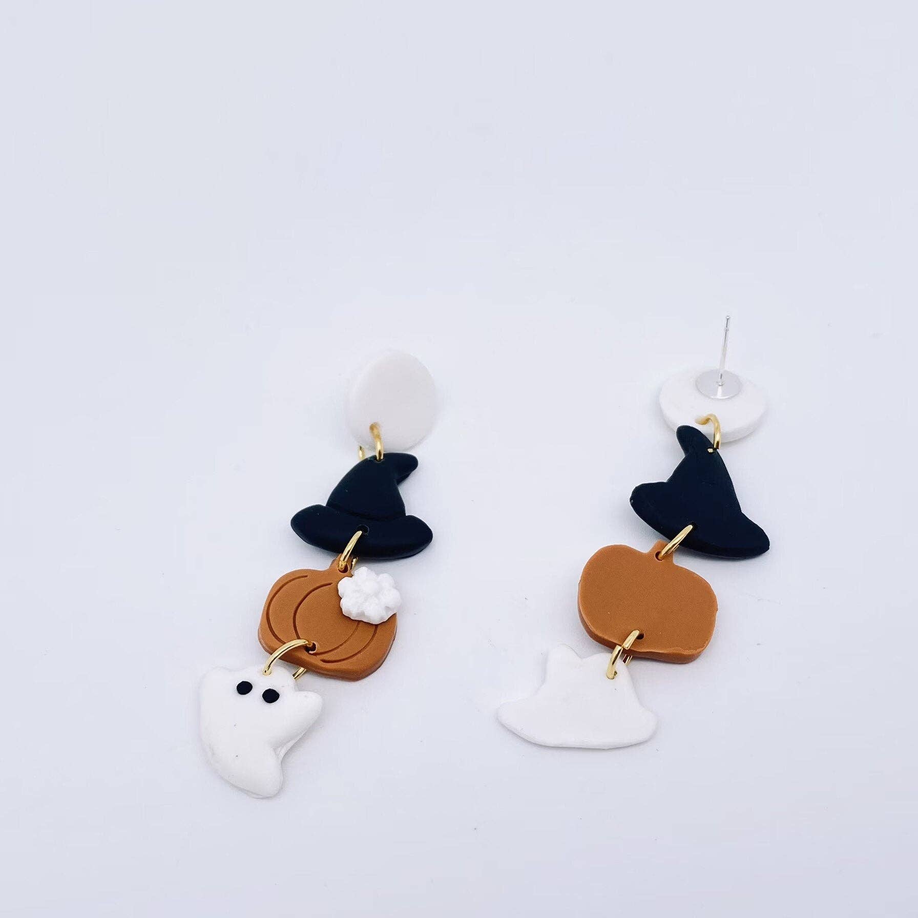 Mio Queena - Vente Boucles d'oreilles pendantes - Boucles d'oreilles clous en pâte polymère Halloween chapeau, citrouille et fantôme2