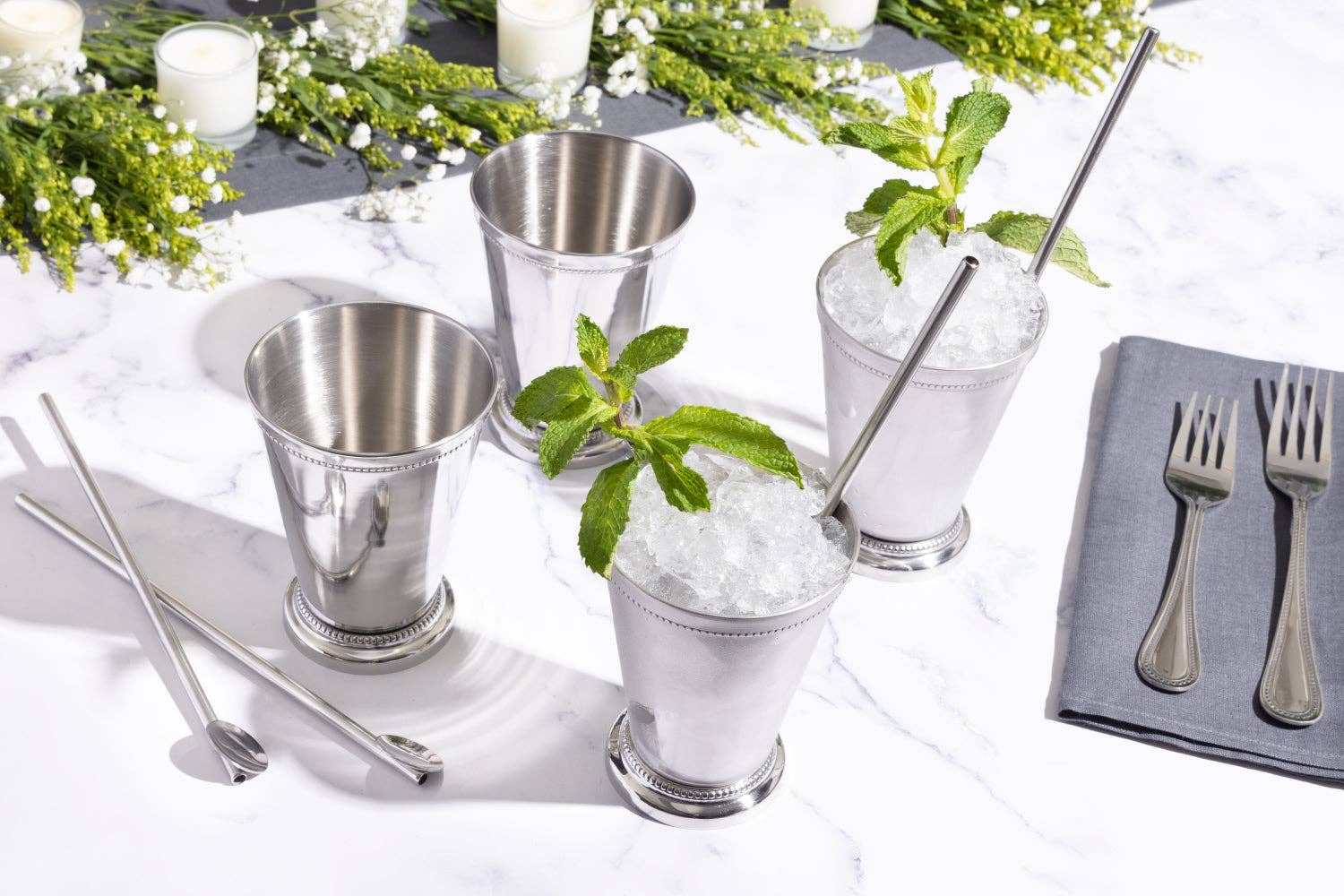 Silver Metal Mint Julep Cups - 4 Pack - Copper (4 Cups + 4 Straws) for wholesale on Faire1