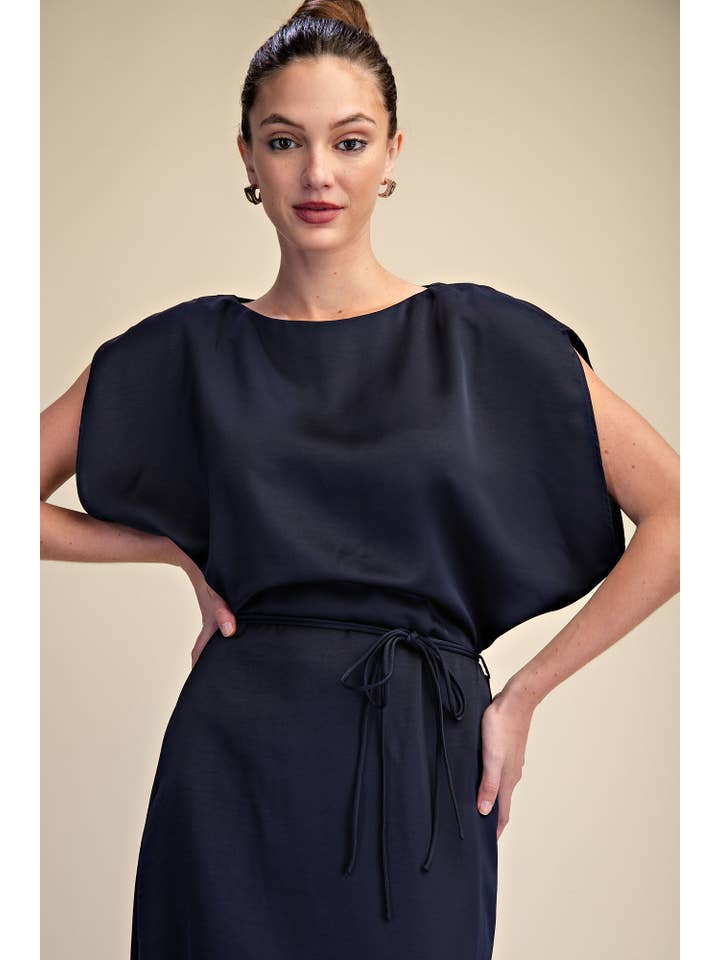 Glam - Wholesale Dress - Women's - Round Neck Waist Tie Back Slit Midi Dress2