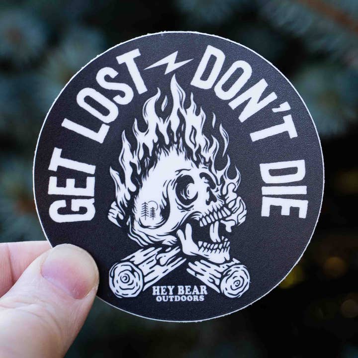 Get Lost - Don't Die Flaming Skull Sticker for wholesale by Hey Bear Outdoors
