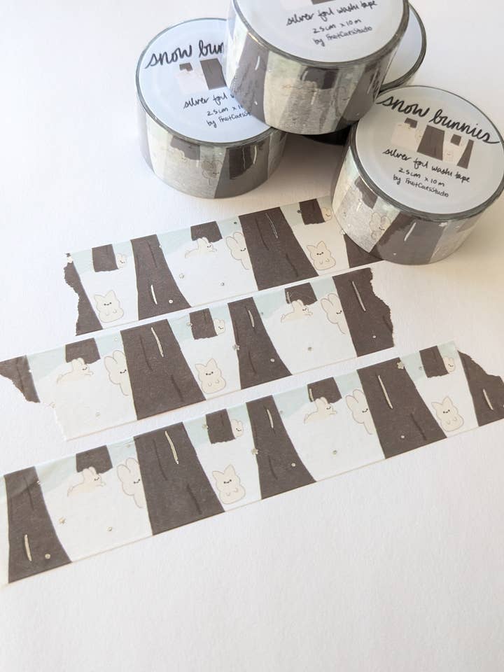 Snow Bunnies Silver Foil Washi Tape for wholesale by Fruit Cats Studio