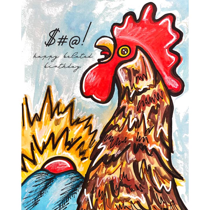Försenat födelsedag Rooster Card - retro, kitschig, ljus för wholesale av Kerry Quinn's Kitsch
