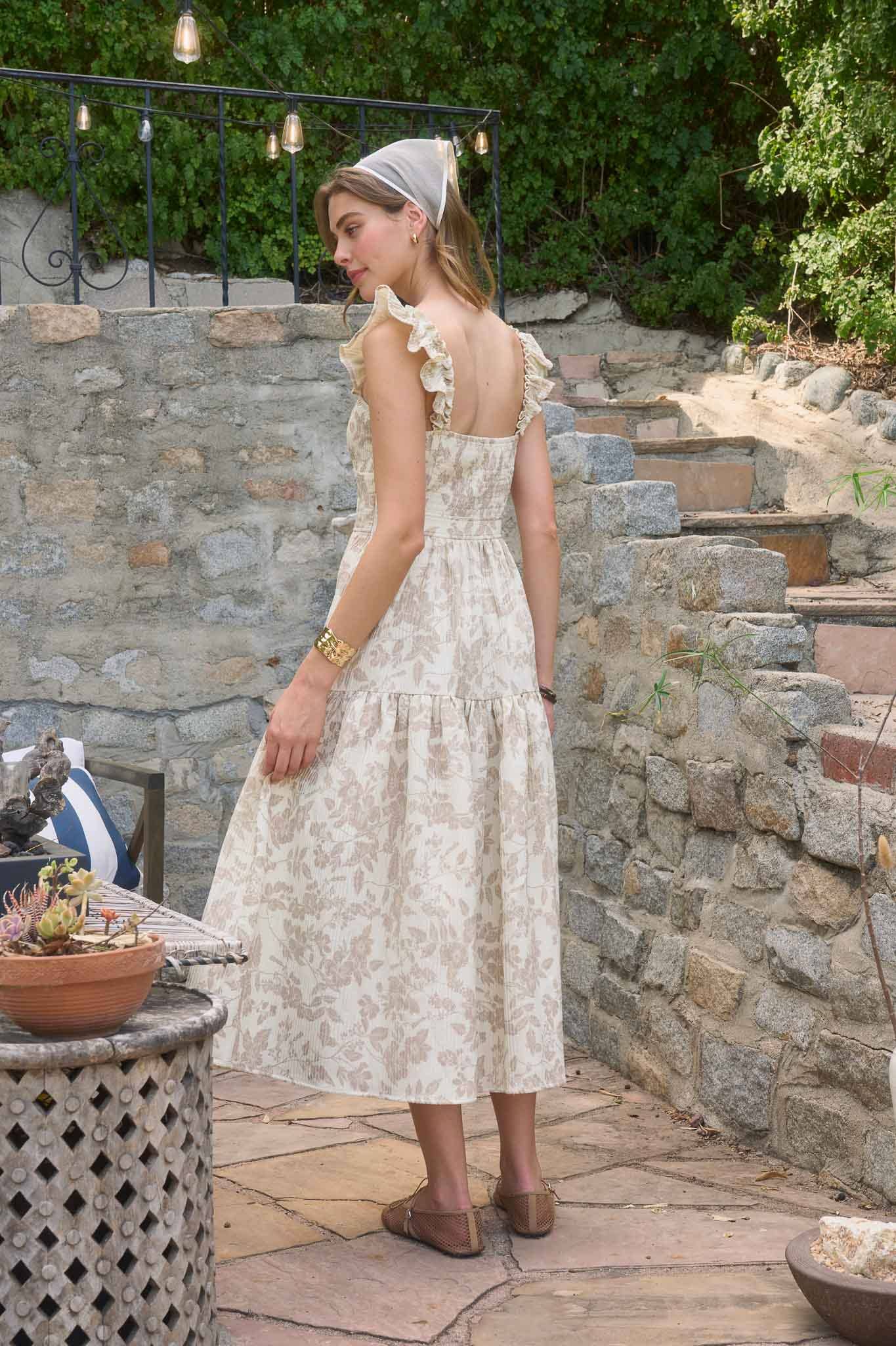 CREAM MULTI FLORAL RUFFLE SHORT SLEEVE TIERED MIDI DRESS  for wholesale on Faire1