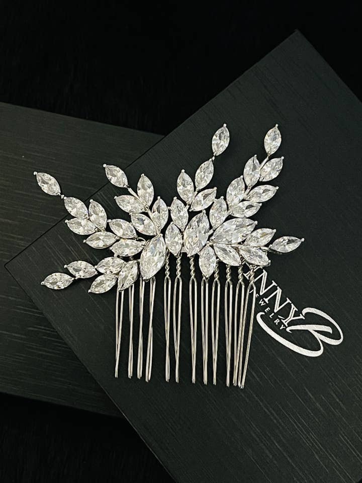 AMANDA - Marquise CZ Leaf Spray Hair Comb In Silver for wholesale by JohnnyB Jewelry