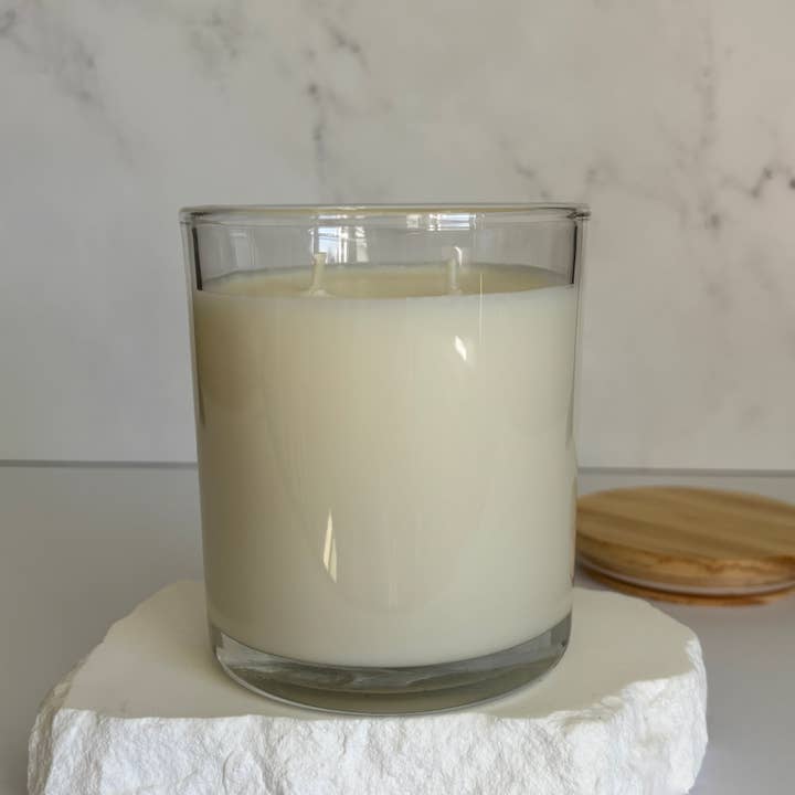 11oz White Label Coconut Soy Candle in Clear Jar w/ Wood Lid for wholesale by Illuminating Scentses