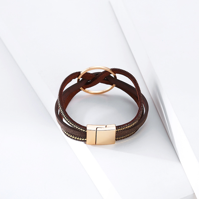 Pretty Persuasions - Wholesale Bangle Bracelet - B22096 Interlocked Ring PU Leather Wrap Bracelet10
