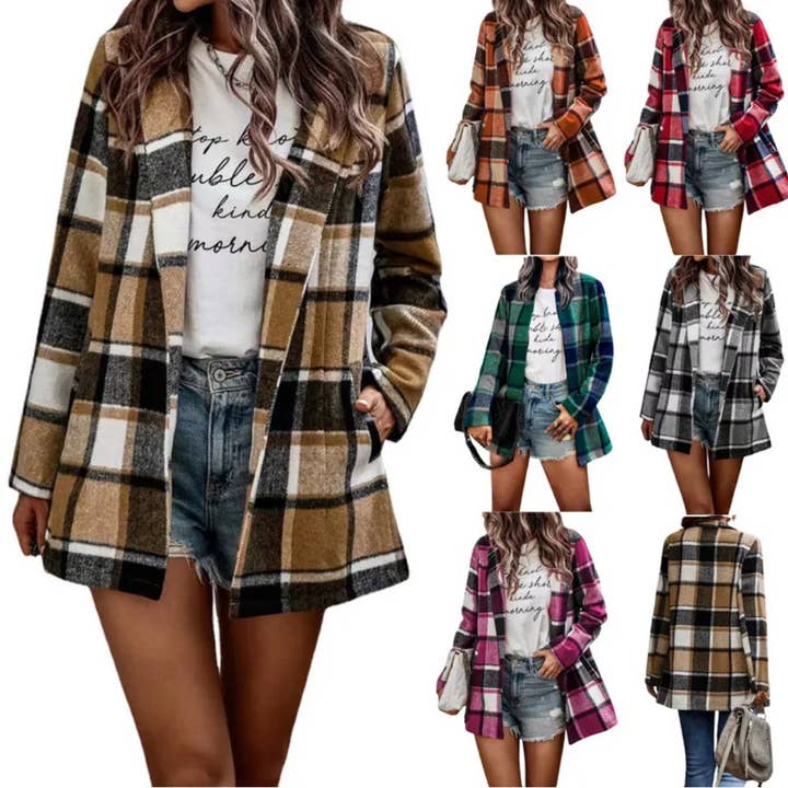 Ships TODAY the color Khaki ~ Plaid Lapel Shacket for wholesale by Serenity Collective