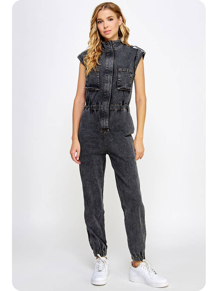High Neck Sleeveless Denim Jumpsuit for wholesale by Strut & Bolt
