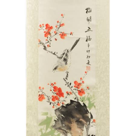 Red Plum Blossom & Bird Scroll for wholesale by T-Trove Asian Decor