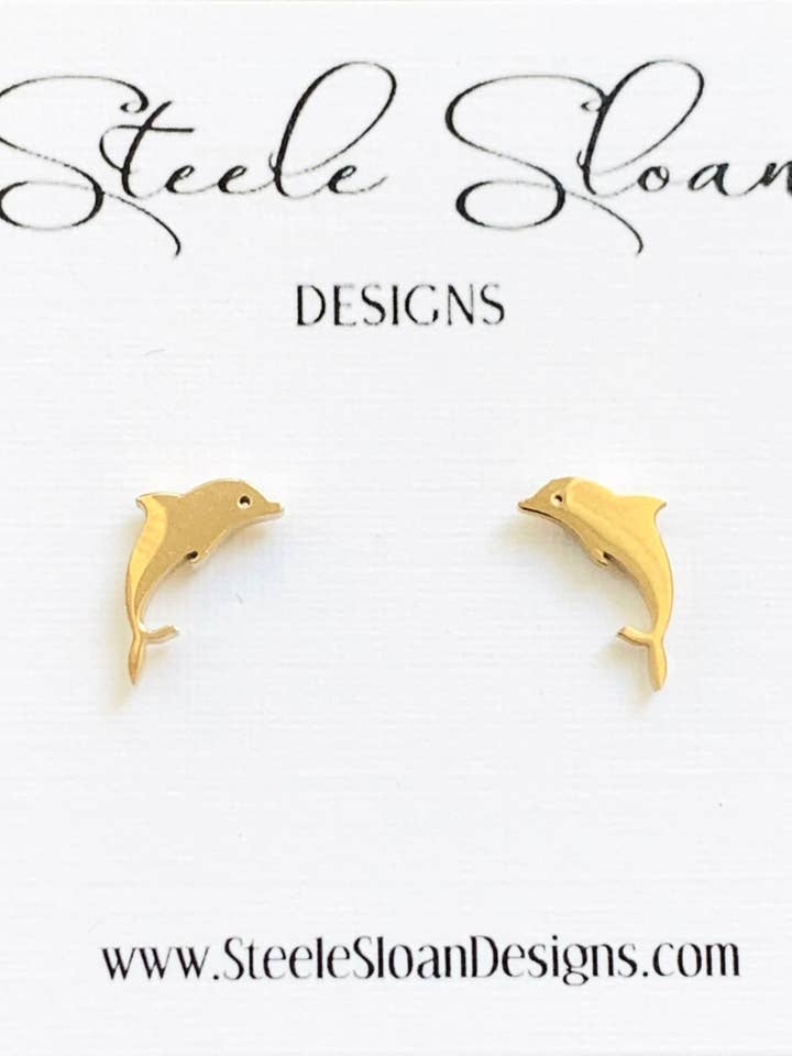 Gold Stud Dolphin Earrings, Tri Delta Gift, Dolphin Gift for wholesale by Steele Sloan Designs