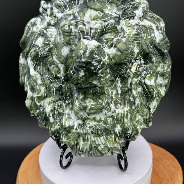 7.8" Large Serpentine Leo Lion head carving w/ stand H161 for wholesale by The 7 Directions
