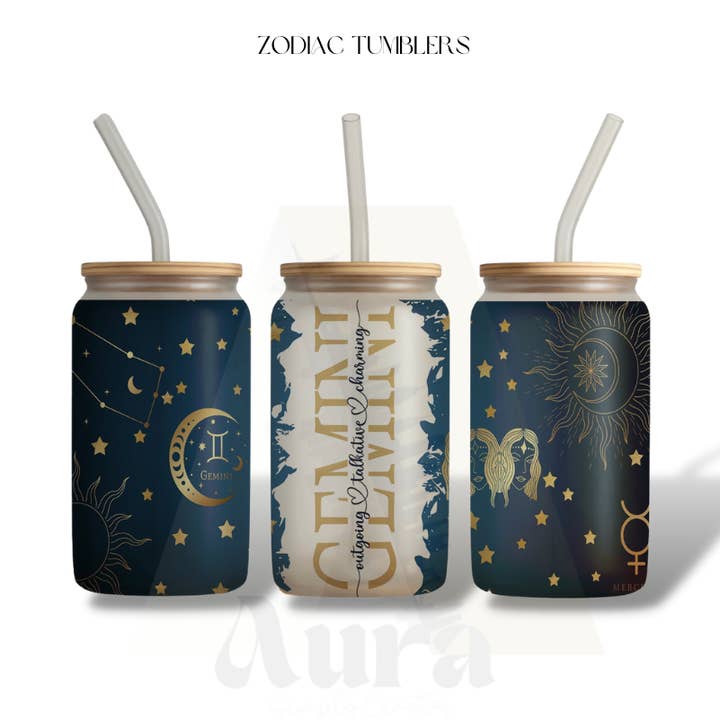 Zodiac 16 oz Glass Can Cup for wholesale by Aura Simply Creates