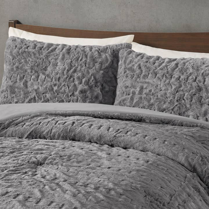 Olliix - Wholesale Bedding Set - Ruched Faux Fur All-Season Comforter Set, Grey