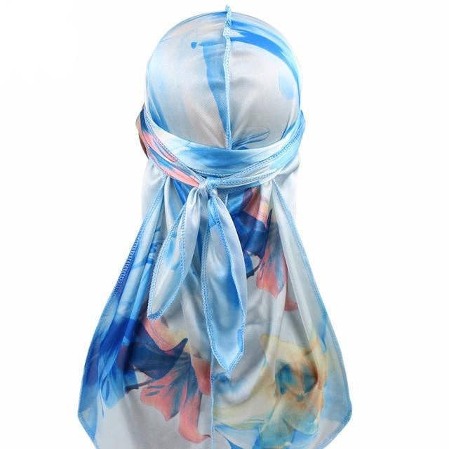 Sky Blue Floral Silk Durag for wholesale by Taelor Boutique