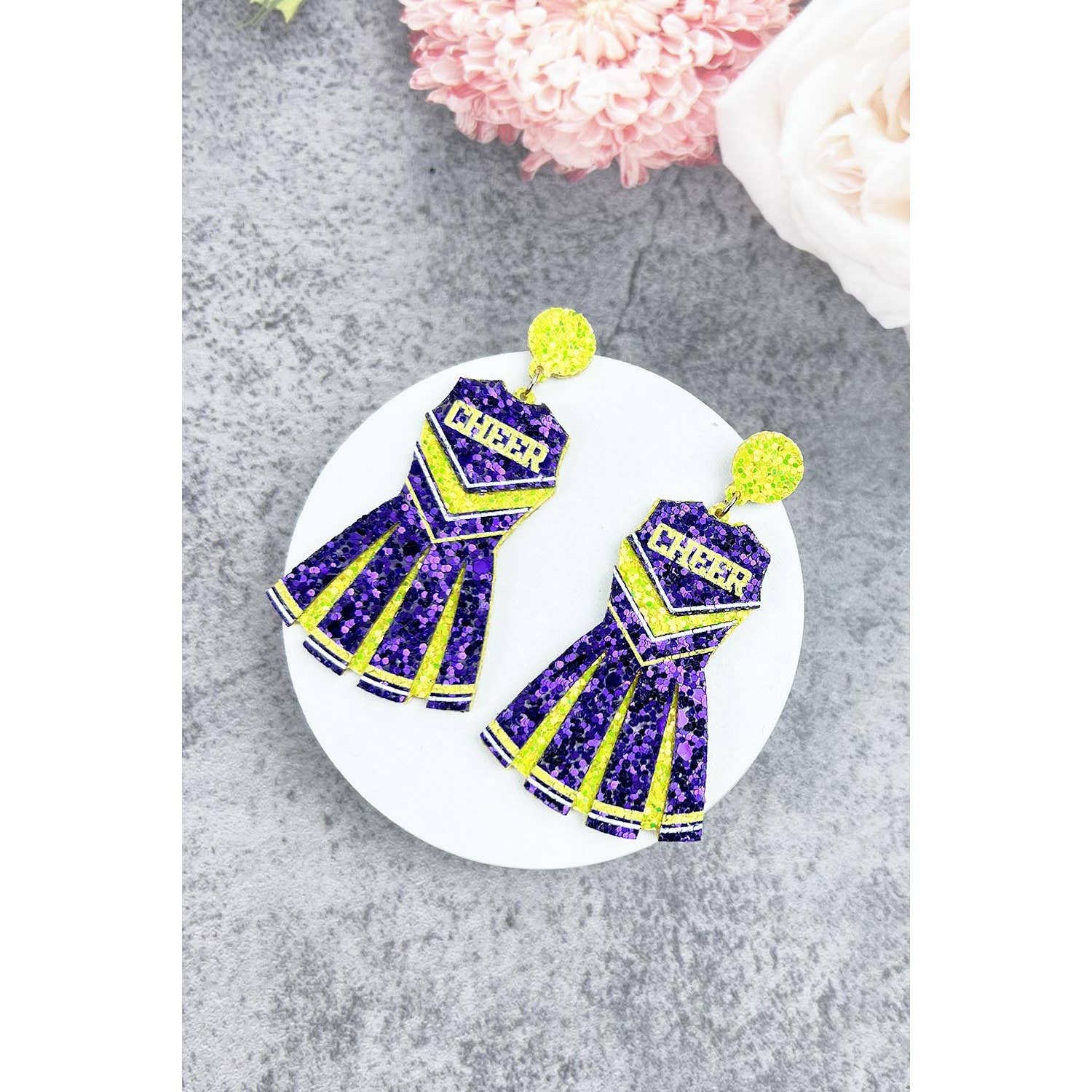 JHP Collection - Wholesale Dangle Earrings - GLITTER CHEERLEADER UNIFORM DROP POST EARRING6