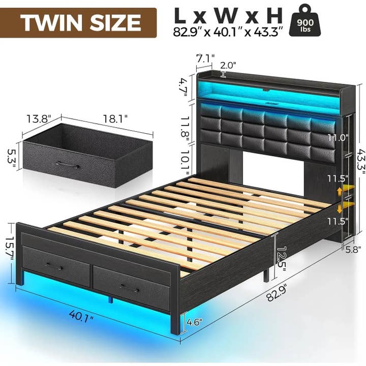 American Smart - Wholesale Bed - Bed Frame with Storage Headboard & 2 Drawers,Upholstered Platform Bed with Charging Station & LED Light,Heavy Duty Frame Support4