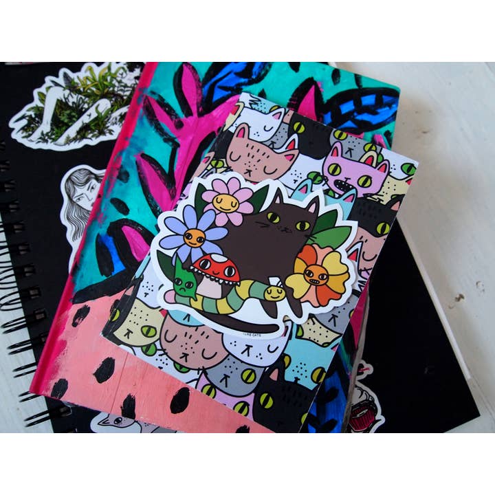 I LIKE CATS – wholesale Sticker – Black cat with flowers, bugs and mushroom vinyl sticker6