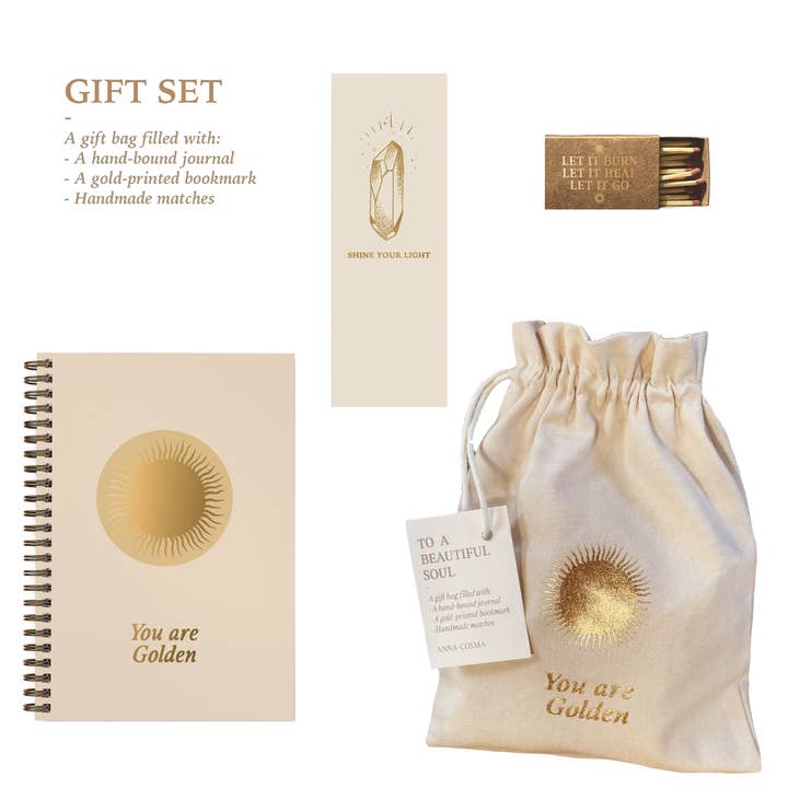 GIFT SET - YOU ARE GOLDEN - GIFT BAG, JOURNAL,BOOKMARK - SUN for wholesale by Anna Cosma