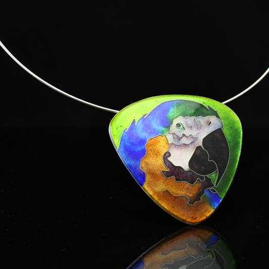 Blue & Gold Macaw, Cloisonné Enamel Pendant for wholesale by Tonya Butcher Designs