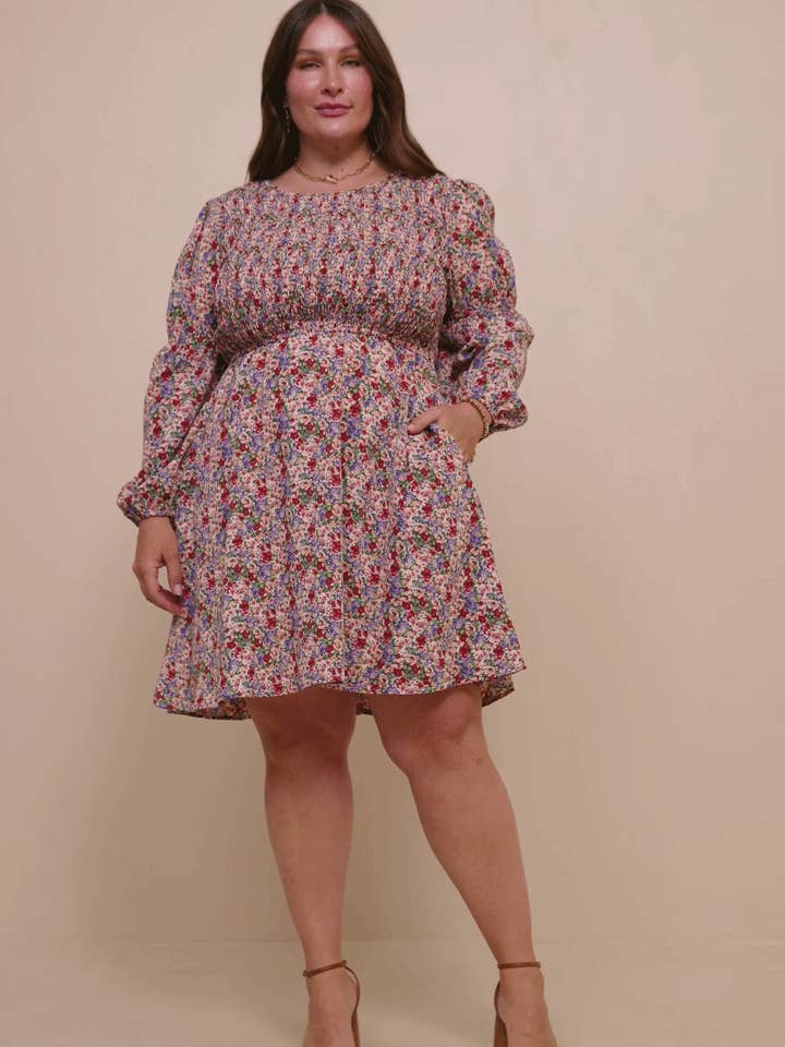 Rust Mix Womens Smocked Bodice Peasant Sleeve Ditsy Floral Dresss for wholesale on Faire7