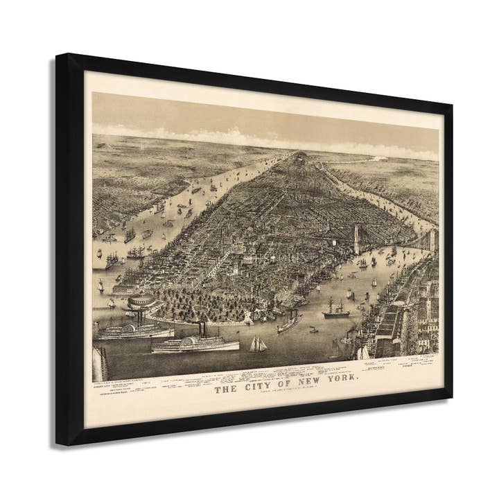 1886 New York City Poster Map - Framed Vintage Map of New York City - Restored New York Map - Old Bird's Eye View of New York Wall Art Poster for wholesale by Historic Prints