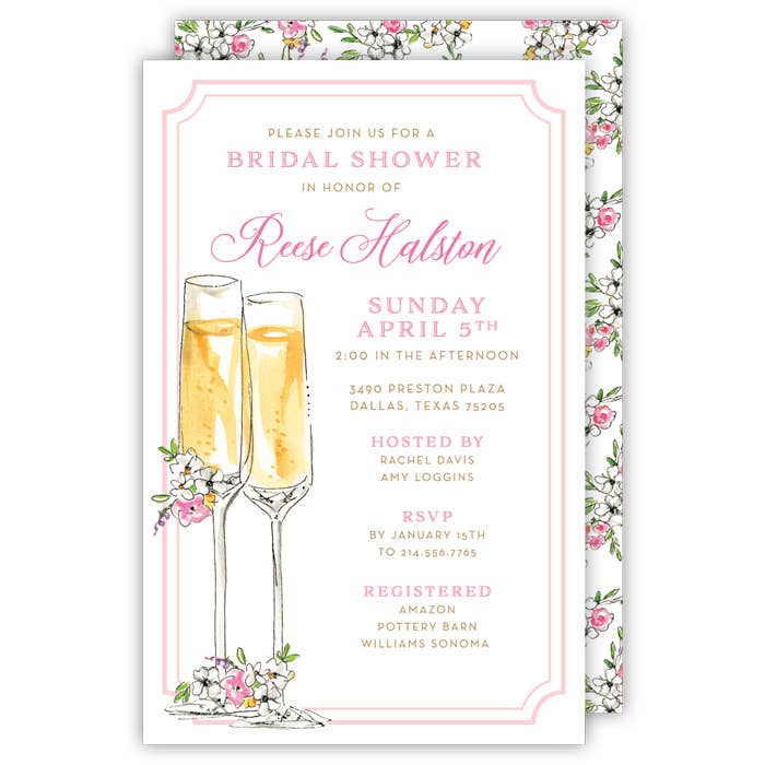 Flûtes à champagne avec bordure florale rose, grandes flûtes plates pour la vente par RosanneBeck Collections