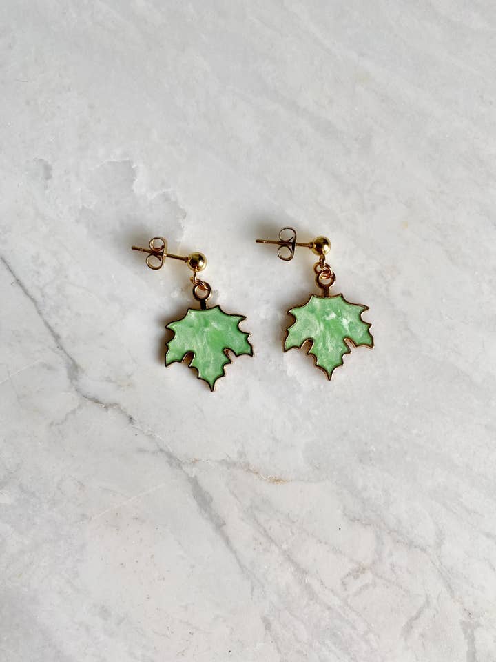 Autumn Leaf Stud Earrings • Seasonal Gold Enamel Jewelry for wholesale by Salt & Pine